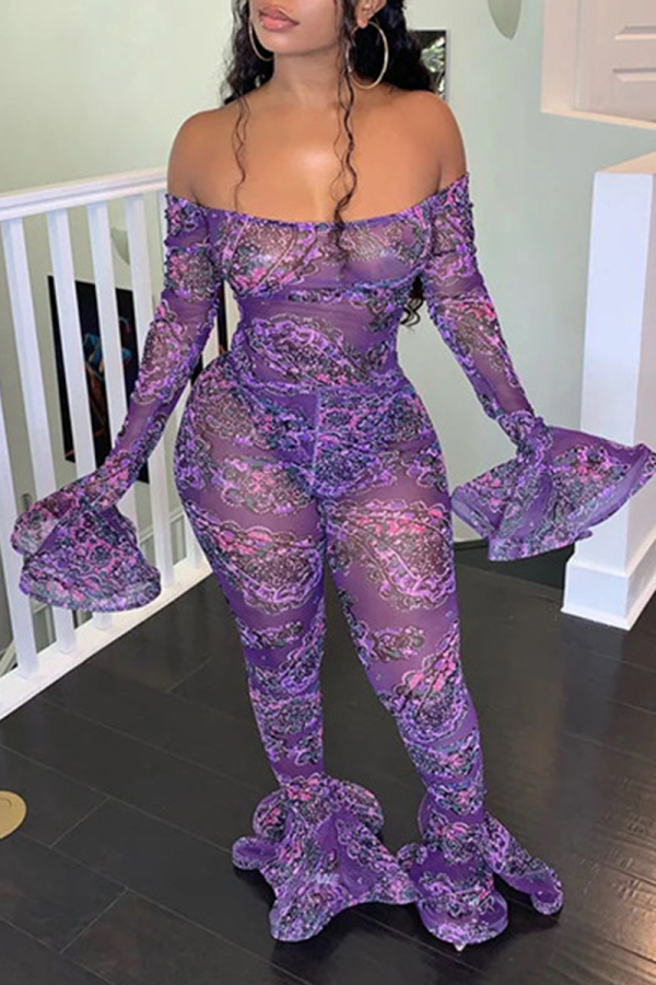 Purple Sexy Print See-through Bateau Neck Skinny Jumpsuits