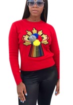 Red Fashion Casual Regular O-Neck Full Patchwork Slim Tees & T-shirts