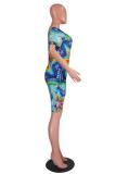 Blue Fashion adult OL Patchwork Print Tie Dye Two Piece Suits pencil Short Sleeve Two Pieces