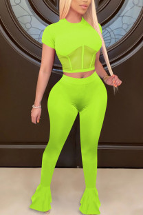 Fluorescent green Fashion Sexy adult Ma'am Patchwork Solid Two Piece Suits Straight Short Sleeve Two Pieces