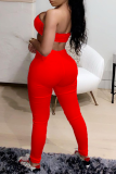 Red Sexy Solid Patchwork Strapless Sleeveless Two Pieces