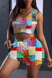 Pink Fashion Casual Print Basic One Shoulder Sleeveless Two Pieces