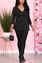 Black Fashion Sexy Adult Solid Patchwork V Neck Long Sleeve Regular Sleeve Regular Two Pieces