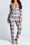 Decorative Pattern Casual Print V Neck Skinny Jumpsuits