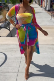 Multi-color Sexy Patchwork Tie-dye Strapless Long Sleeve Two Pieces
