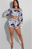 White Celebrities Fashion adult Two Piece Suits Patchwork Letter Print pencil Half Sleeve