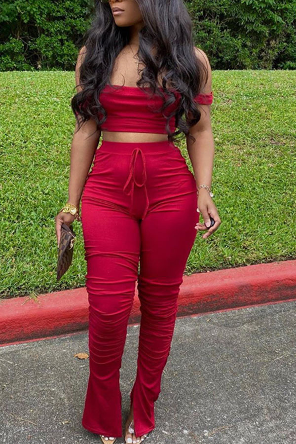 Red Fashion Sexy adult Ma'am Patchwork Solid Two Piece Suits pencil Short Sleeve Two Pieces