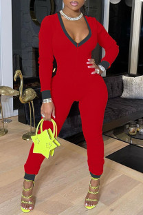Red Sexy Solid Patchwork V Neck Regular Jumpsuits