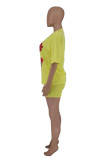 Yellow Fashion Casual Print Basic O Neck Short Sleeve Two Pieces