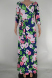 Multicolor Fashion Casual Print Bandage V Neck Long Dress