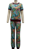 Green Casual Print Patchwork O Neck Short Sleeve Two Pieces