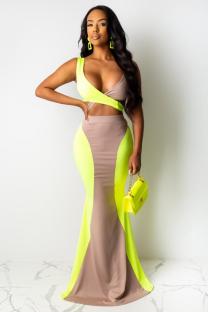 Yellow Sexy Fashion adult Bandage Two Piece Suits HOLLOWED OUT contrast color Skinny Sleeveless