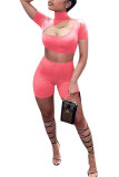 rose red Fashion Casual Patchwork Solid Two Piece Suits pencil Short Sleeve Two Pieces