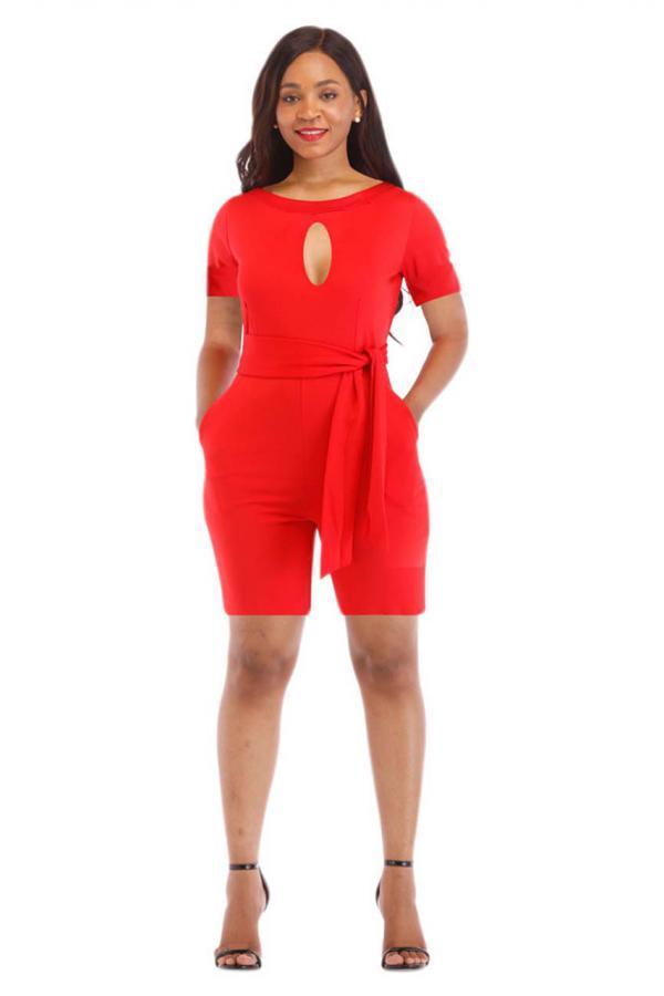 Red Sexy Fashion bandage Patchwork Solid Hollow Short Sleeve O Neck 