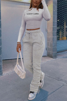 Grey Casual Print Letter Turtleneck Long Sleeve Two Pieces