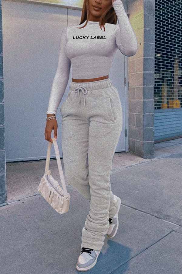 Grey Casual Print Letter Turtleneck Long Sleeve Two Pieces
