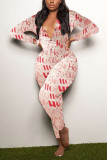Red Living Print V Neck Skinny Jumpsuits