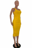 Red Fashion Sexy adult White Red Black Yellow Tank Sleeveless Square Step Skirt Mid-Calf Patchwork bandage Solid hollow out Dresses