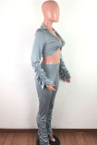 Yellow OL Solid Draped crop top Boot Cut Long Sleeve Two Pieces