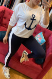 Dark Blue Casual Print pencil Long Sleeve Two Pieces