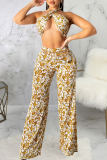 White Sexy Print Patchwork Halter Sleeveless Two Pieces