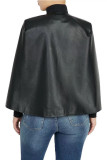 Black PU O Neck Long Sleeve Solid Long Sleeve Tops