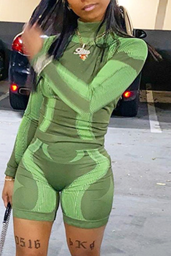 Fluorescent Green Sportswear Striped Patchwork Half A Turtleneck Long Sleeve Two Pieces