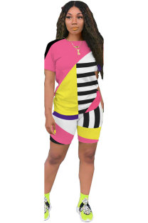 Pink Fashion Active adult Patchwork Print contrast color Two Piece Suits pencil Short Sleeve Two Pieces