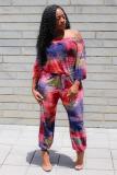 Red Sexy Casual Fashion Tie-dyed Print one word collar 