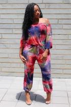 Red Sexy Casual Fashion Tie-dyed Print one word collar 