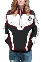 White Fashion Street Adult Print Patchwork Pullovers Hooded Collar Outerwear