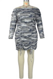 Camouflage Sexy Print Patchwork Bateau Neck Pencil Skirt Plus Size 
