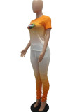 Orange Fashion Casual adult Ma'am O Neck Print Two Piece Suits Lips Print Pattern Plus Size