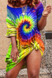 Green Fashion Cap Sleeve 3/4 Length Sleeves O neck Step Skirt Mini Rainbow Paisley asymmetrical