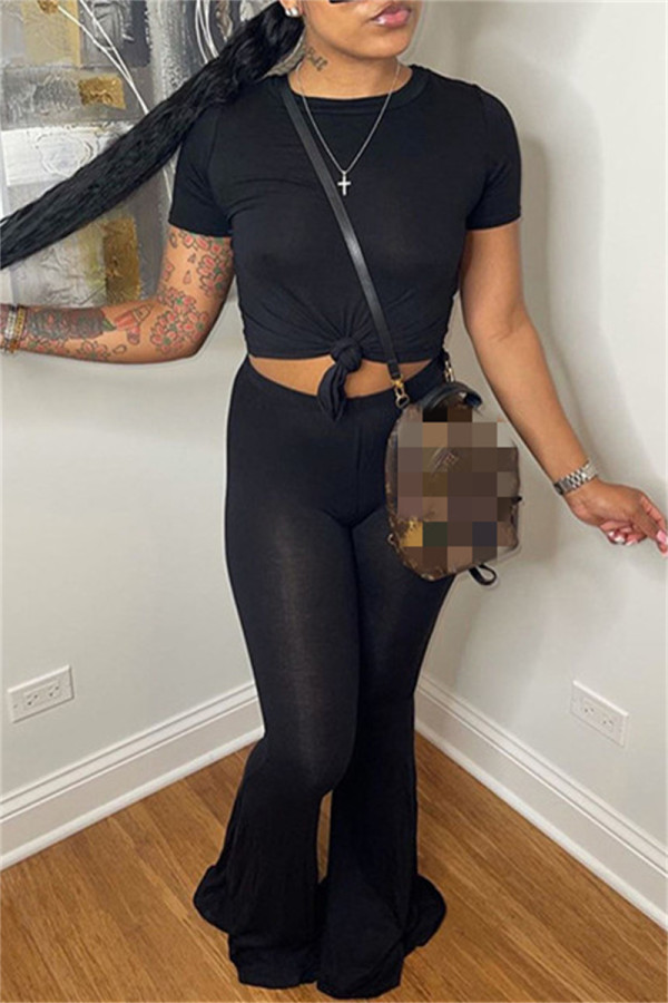 Black Fashion Casual Solid Basic O Neck Short Sleeve Two Pieces
