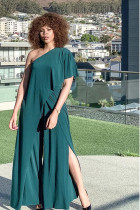 Dark green Casual Fashion Split Asymmetrical Draped Solid Short Sleeve one shoulder collar 