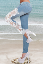 Blue Casual Solid Lace Mid Waist Skinny Denim Jeans