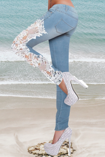 Blue Casual Solid Lace Mid Waist Skinny Denim Jeans