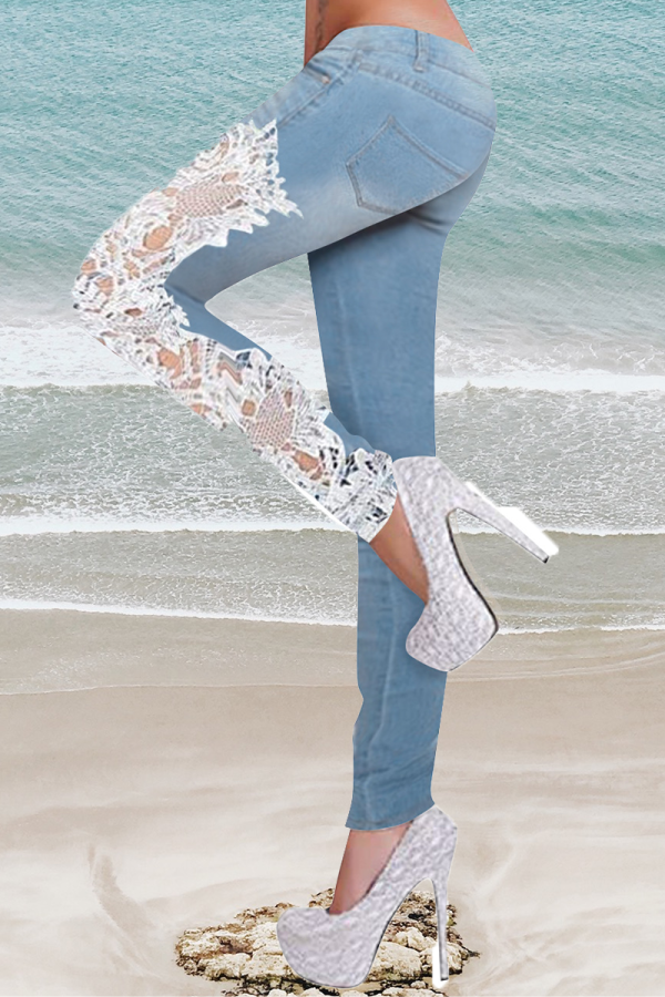 Blue Casual Solid Lace Mid Waist Skinny Denim Jeans
