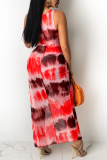 Rose Red Sexy Print Hollowed Out O Neck Irregular Dress Dresses