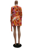 Orange Fashion Casual adult Patchwork Print Two Piece Suits pencil Long Sleeve Two Pieces