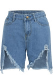 Blue Denim Button Fly Sleeveless High Asymmetrical Patchwork Solid Straight shorts Shorts