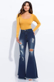 Dark Blue Denim Button Fly Sleeveless High Hole Solid washing Patchwork Boot Cut Pants 