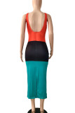 Red Casual Striped Print Patchwork V Neck Pencil Skirt Dresses