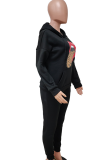 Black Casual Print Patchwork Hooded Collar Long Sleeve Two Pieces