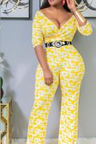 Yellow Casual Fashion Geometric Asymmetrical bandage Half Sleeve V Neck Jumpsuits