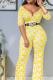 Yellow Casual Fashion Geometric Asymmetrical bandage Half Sleeve V Neck Jumpsuits