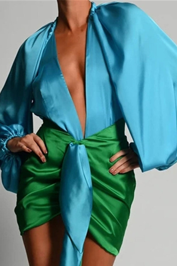 Blue Sexy Solid Patchwork V Neck Pencil Skirt Dresses