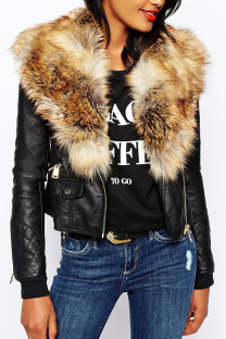 Brown Fashion Street Adult Artificial Furs Solid Patchwork V Neck Outerwear