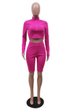 Rose Red Sexy Solid Patchwork Turtleneck Long Sleeve Two Pieces